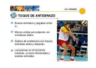 TOQUE DE ANTEBRAZO3
Brazos estirados y pegados entre
si.
Manos unidas por pulgares, sin
entrelazar dedos
U.D. VOLEIBOL
entrelazar dedos
Golpeo de antebrazos con brazos
estirados antes y después.
Las piernas en el momento
contacto, un poco flexionadas y
acaban estiradas
 