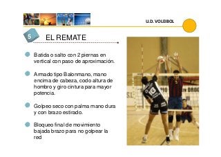 U.D. VOLEIBOL
EL REMATE5
Batida o salto con 2 piernas en
vertical con paso de aproximación.
Armado tipo Balonmano, mano
encima de cabeza, codo altura deencima de cabeza, codo altura de
hombro y giro cintura para mayor
potencia.
Golpeo seco con palma mano dura
y con brazo estirado.
Bloqueo final de movimiento
bajada brazo para no golpear la
red
 