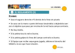 U.D. VOLEIBOL
EL REGLAMENTO (3)
El saque:
Saca el zaguero derecho nº1 detrás de la línea sin pisarla
Se saca con la mano o parte del brazo lanzándola o dejándola caer
con el objetivo que pase por encima de la red hacia campo contrario.
3º E.S.O.
con el objetivo que pase por encima de la red hacia campo contrario.
No hay media.
Si la pelota toca la red es buena.
Si la pelota golpea la línea del campo contrario es buena.
Si Equipo que recibe saque gana jugada, obtiene el derecho del
SAQUE a la vez que hace rotación.
 