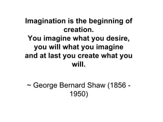 Imagination is the beginning of creation. You imagine what you desire, you will what you imagine and at last you create what you will. ~ George Bernard Shaw (1856 - 1950) 
