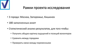 Рамки проекта исследования
• 3 города: Москва, Запорожье, Кишинев
• 180 заполненных анкет
• Статистический анализ результатов, для того чтобы:
• Получить общую картину ощущений и позиций волонтеров
• Сравнить между городами
• Проверить связи между переменными
 