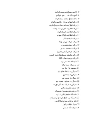 7.‫آژانس‬‫مسافرت‬‫ی‬‫ش‬‫ی‬‫ردال‬‫ا‬‫ی‬‫ر‬‫ی‬‫ا‬
8.‫آموزشگاه‬‫فودآموز‬ ‫فود‬ ‫فست‬
1.‫بانک‬‫ا‬ ‫سنگ‬ ‫معادن‬ ‫جامع‬‫ی‬‫ران‬
90.‫پرتال‬‫اصن‬‫ا‬‫موبا‬ ‫ف‬‫ی‬‫ل‬‫کامپ‬ ‫و‬‫ی‬‫وتر‬‫ا‬‫ی‬‫ران‬
99.‫پرتال‬‫اطالع‬‫رسانی‬‫ا‬ ‫سنگ‬ ‫معادن‬‫ی‬‫ران‬
92.‫پرتال‬‫اطالع‬‫رسانی‬‫ی‬‫زد‬‫تشر‬‫ی‬‫فات‬
90.‫پرتال‬‫ا‬ ‫اصناف‬ ‫اطالعات‬‫ی‬‫ران‬
90.‫پرتال‬‫مهر‬ ‫امالک‬ ‫اطالعات‬‫ی‬‫ز‬
95.‫پرتال‬‫خبر‬‫ی‬‫چ‬‫ی‬‫تگر‬
96.‫پرتال‬‫خبر‬‫ی‬‫خورم‬‫ی‬‫ز‬‫اول‬‫ی‬‫ا‬
97.‫پرتال‬‫خبر‬‫ی‬‫برتر‬ ‫ذهن‬
98.‫پرتال‬‫خبر‬‫ی‬‫شهر‬ ‫نفت‬
91.‫پرتال‬‫کار‬‫ی‬‫اب‬‫ی‬‫آنال‬‫ی‬‫ن‬‫کاربازار‬
20.‫پرتال‬‫معامالت‬‫سنگ‬‫های‬‫ن‬‫ی‬‫مه‬‫ق‬‫ی‬‫مت‬‫ی‬
29.‫پرتال‬‫نیازمندی‬‫های‬998
22.‫حزب‬‫مل‬ ‫اعتماد‬‫ی‬‫ی‬‫زد‬
20.‫حزب‬‫ا‬ ‫ملت‬ ‫رفاه‬‫ی‬‫ران‬
20.‫حس‬‫ی‬‫ن‬‫ی‬‫ه‬‫بهار‬ ‫باغ‬‫ی‬‫زد‬
25.‫خبرگزار‬‫ی‬‫مل‬ ‫اعتماد‬‫ی‬‫ی‬‫زد‬
26.‫خبرگزار‬‫ی‬‫ا‬‫ی‬‫ذه‬‫ن‬‫ی‬‫وز‬
27.‫خبرگزار‬‫ی‬‫ن‬ ‫سنت‬‫ی‬‫وز‬
28.‫خبرگزار‬‫ی‬‫صنا‬‫ی‬‫ع‬‫معادن‬ ‫و‬‫ی‬‫زد‬
21.‫خبرگزار‬‫ی‬‫م‬‫ی‬‫راث‬‫فرهنگ‬‫ی‬‫تهران‬
00.‫خدمات‬‫تشر‬‫ی‬‫فات‬‫ام‬‫ی‬‫ر‬
09.‫خدمات‬‫تشر‬‫ی‬‫فات‬‫شم‬ ‫باغ‬‫ی‬‫ران‬
02.‫دانشگاه‬‫علم‬‫ی‬‫کاربرد‬‫ی‬‫ی‬‫زد‬
00.‫دانشگاه‬‫ی‬‫زد‬‫ا‬ ‫(اتاق‬‫ی‬‫ران‬)‫گرجستان‬ ‫و‬
00.‫دفتر‬‫مرکز‬‫ی‬‫ب‬‫ی‬‫مه‬‫پاسارگاد‬‫ی‬‫زد‬
05.‫شرکت‬‫کوثر‬ ‫اطلس‬
06.‫شرکت‬‫ش‬ ‫آرتا‬‫ی‬‫م‬‫ی‬
 