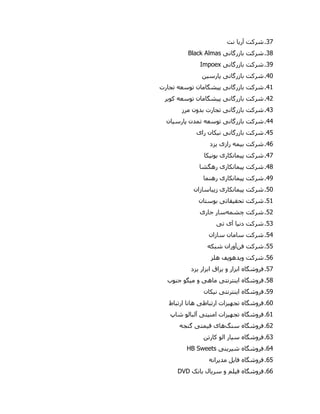 07.‫شرکت‬‫آر‬‫ی‬‫ا‬‫نت‬
08.‫شرکت‬‫بازرگان‬‫ی‬Black Almas
01.‫شرکت‬‫بازرگان‬‫ی‬Impoex
00.‫شرکت‬‫بازرگان‬‫ی‬‫پارس‬‫ی‬‫ن‬
09.‫شرکت‬‫بازرگان‬‫ی‬‫پ‬‫ی‬‫شگامان‬‫تجارت‬ ‫توسعه‬
02.‫شرکت‬‫بازرگان‬‫ی‬‫پ‬‫ی‬‫شگامان‬‫کو‬ ‫توسعه‬‫ی‬‫ر‬
00.‫شرکت‬‫بازرگان‬‫ی‬‫مرز‬ ‫بدون‬ ‫تجارت‬
00.‫شرکت‬‫بازرگان‬‫ی‬‫پارس‬ ‫تمدن‬ ‫توسعه‬‫ی‬‫ان‬
05.‫شرکت‬‫بازرگان‬‫ی‬‫ن‬‫ی‬‫کان‬‫را‬‫ی‬
06.‫شرکت‬‫ب‬‫ی‬‫مه‬‫راز‬‫ی‬‫ی‬‫زد‬
07.‫شرکت‬‫پ‬‫ی‬‫مانکار‬‫ی‬‫بون‬‫ی‬‫کا‬
08.‫شرکت‬‫پ‬‫ی‬‫مانکار‬‫ی‬‫رهگشا‬
01.‫شرکت‬‫پ‬‫ی‬‫مانکار‬‫ی‬‫رهنما‬
50.‫شرکت‬‫پ‬‫ی‬‫مانکار‬‫ی‬‫ز‬‫ی‬‫باسازان‬
59.‫شرکت‬‫تحق‬‫ی‬‫قات‬‫ی‬‫بوستان‬
52.‫شرکت‬‫چشمه‬‫سار‬‫جار‬‫ی‬
50.‫شرکت‬‫دن‬‫ی‬‫ا‬‫آ‬‫ی‬‫ت‬‫ی‬
50.‫شرکت‬‫سازان‬ ‫سامان‬
55.‫شرکت‬‫فن‬‫آوران‬‫شبکه‬
56.‫شرکت‬‫و‬‫ی‬‫دهوپف‬‫هلز‬
57.‫فروشگاه‬‫و‬ ‫ابزار‬‫ی‬‫راق‬‫ابزار‬‫ی‬‫زد‬
58.‫فروشگاه‬‫ا‬‫ی‬‫نترنت‬‫ی‬‫ماه‬‫ی‬‫م‬ ‫و‬‫ی‬‫گو‬‫جنوب‬
51.‫فروشگاه‬‫ا‬‫ی‬‫نترنت‬‫ی‬‫ن‬‫ی‬‫کان‬
60.‫فروشگاه‬‫تجه‬‫ی‬‫زات‬‫ارتباط‬‫ی‬‫ارتباط‬ ‫هانا‬
69.‫فروشگاه‬‫تجه‬‫ی‬‫زات‬‫امن‬‫ی‬‫ت‬‫ی‬‫شاپ‬ ‫آلبالو‬
62.‫فروشگاه‬‫سنگ‬‫های‬‫ق‬‫ی‬‫مت‬‫ی‬‫گنجه‬
60.‫فروشگاه‬‫س‬‫ی‬‫ار‬‫کارتن‬ ‫الو‬
60.‫فروشگاه‬‫ش‬‫ی‬‫ر‬‫ی‬‫ن‬‫ی‬HB Sweets
65.‫فروشگاه‬‫فا‬‫ی‬‫ل‬‫مد‬‫ی‬‫رانه‬
66.‫فروشگاه‬‫ف‬‫ی‬‫لم‬‫سر‬ ‫و‬‫ی‬‫ال‬‫بانک‬DVD
 