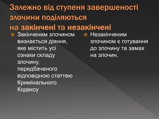  Закінченим злочином
визнається діяння,
яке містить усі
ознаки складу
злочину,
передбаченого
відповідною статтею
Кримінального
Кодексу
 Незакінченим
злочином є готування
до злочину та замах
на злочин.
 