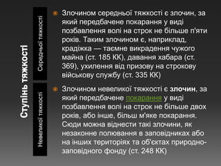 СередньоїтяжкостіНевеликоїтяжкості
 Злочином середньої тяжкості є злочин, за
який передбачене покарання у виді
позбавлення волі на строк не більше п'яти
років. Таким злочином є, наприклад,
крадіжка — таємне викрадення чужого
майна (ст. 185 КК), давання хабара (ст.
369), ухилення від призову на строкову
військову службу (ст. 335 КК)
 Злочином невеликої тяжкості є злочин, за
який передбачене покарання у виді
позбавлення волі на строк не більше двох
років, або інше, більш м'яке покарання.
Сюди можна віднести такі злочини, як
незаконне полювання в заповідниках або
на інших територіях та об'єктах природно-
заповідного фонду (ст. 248 КК)
 