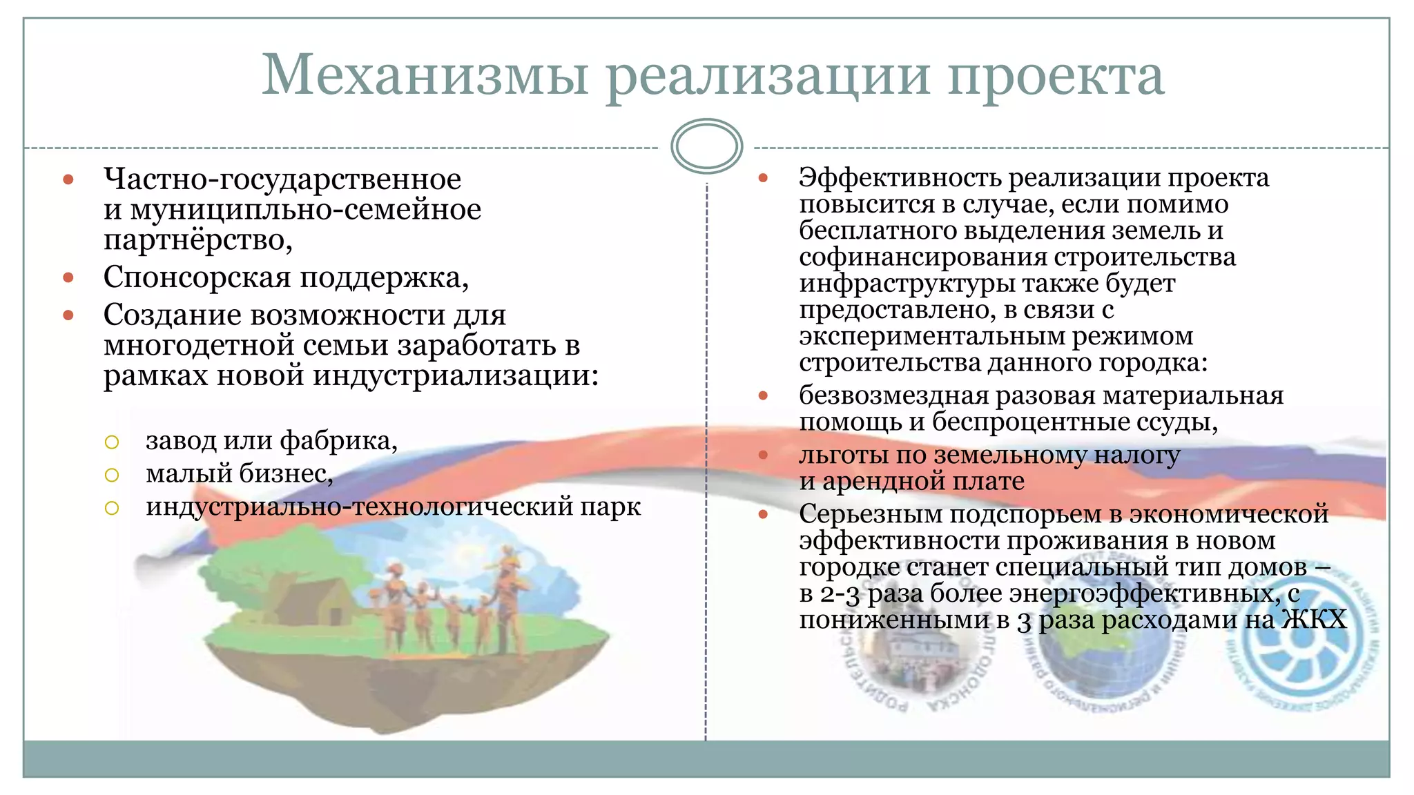 Механизмы реализации проекта
 Частно-государственное
и муниципльно-семейное
партнѐрство,
 Спонсорская поддержка,
 Создание возможности для
многодетной семьи заработать в
рамках новой индустриализации:
 завод или фабрика,
 малый бизнес,
 индустриально-технологический парк
 Эффективность реализации проекта
повысится в случае, если помимо
бесплатного выделения земель и
софинансирования строительства
инфраструктуры также будет
предоставлено, в связи с
экспериментальным режимом
строительства данного городка:
 безвозмездная разовая материальная
помощь и беспроцентные ссуды,
 льготы по земельному налогу
и арендной плате
 Серьезным подспорьем в экономической
эффективности проживания в новом
городке станет специальный тип домов –
в 2-3 раза более энергоэффективных, с
пониженными в 3 раза расходами на ЖКХ
 