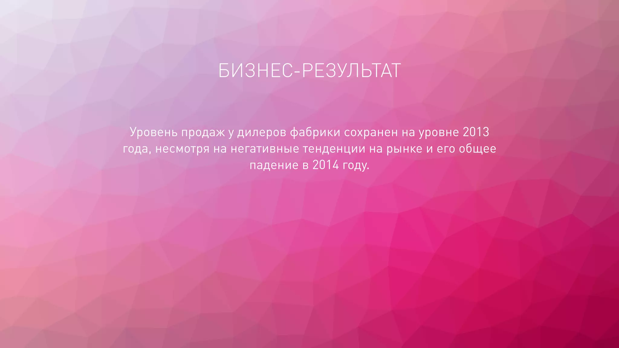 Уровень продаж у дилеров фабрики сохранен на уровне 2013
года, несмотря на негативные тенденции на рынке и его общее
падение в 2014 году.
БИЗНЕС-РЕЗУЛЬТАТ
 