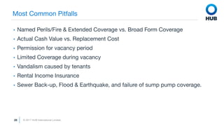 © 2017 HUB International Limited.
28
Most Common Pitfalls
• Named Perils/Fire & Extended Coverage vs. Broad Form Coverage
...