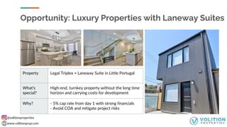 @volitionproperties
www.volitionprop.com
Opportunity: Luxury Properties with Laneway Suites
Property Legal Triplex + Laneway Suite in Little Portugal
What’s
special?
High-end, turnkey property without the long time
horizon and carrying costs for development
Why? - 5% cap rate from day 1 with strong financials
- Avoid COA and mitigate project risks
 