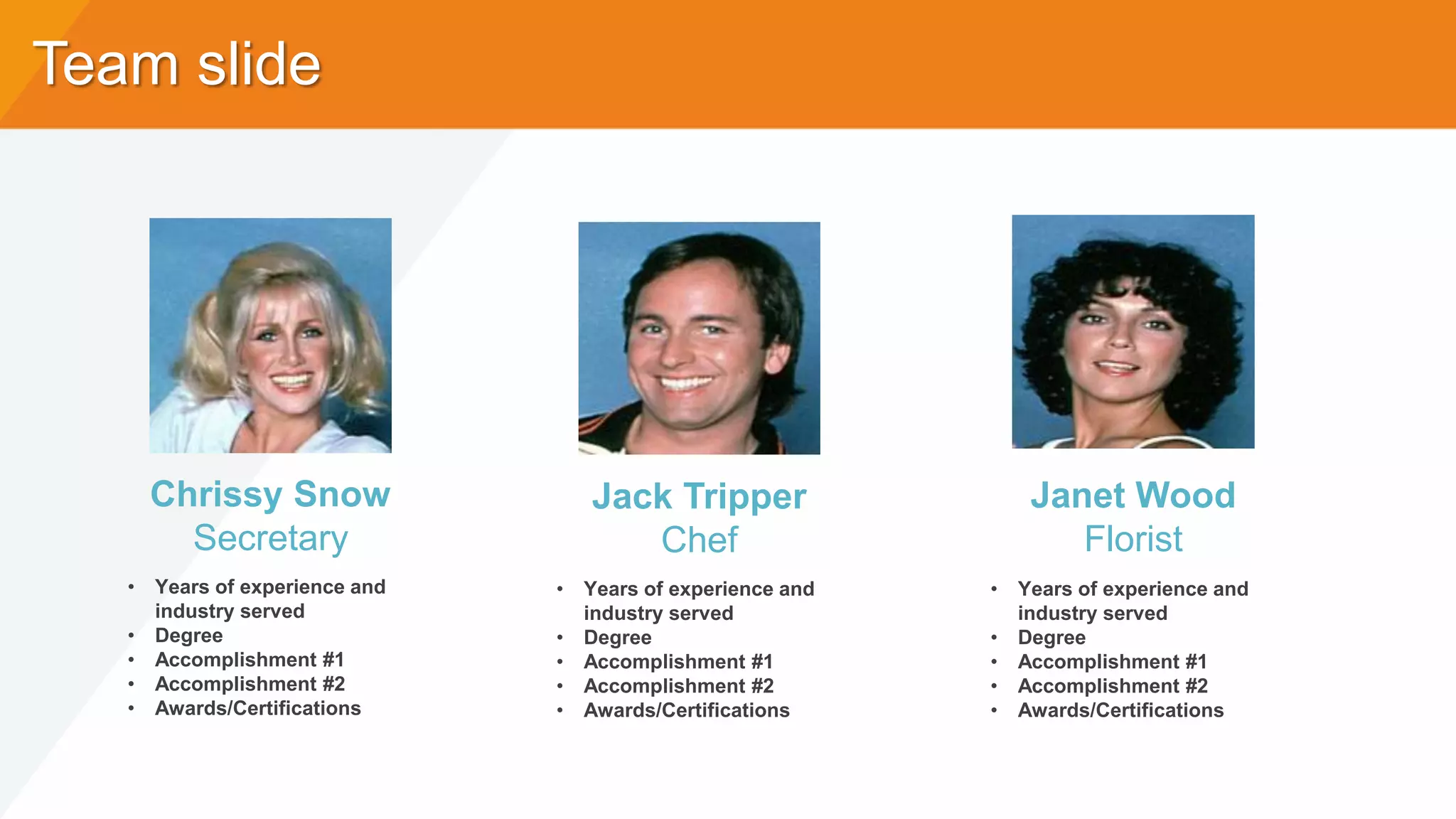 Team slide
Chrissy Snow
Secretary
Jack Tripper
Chef
Janet Wood
Florist
• Years of experience and
industry served
• Degree
• Accomplishment #1
• Accomplishment #2
• Awards/Certifications
• Years of experience and
industry served
• Degree
• Accomplishment #1
• Accomplishment #2
• Awards/Certifications
• Years of experience and
industry served
• Degree
• Accomplishment #1
• Accomplishment #2
• Awards/Certifications
 