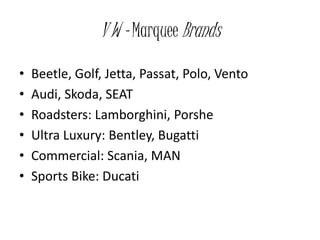V W - Marquee Brands
• Beetle, Golf, Jetta, Passat, Polo, Vento
• Audi, Skoda, SEAT
• Roadsters: Lamborghini, Porshe
• Ultra Luxury: Bentley, Bugatti
• Commercial: Scania, MAN
• Sports Bike: Ducati
 