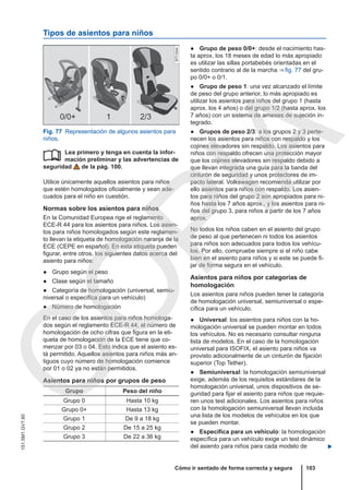 Tipos de asientos para niños
Fig. 77 Representación de algunos asientos para
niños.
Lea primero y tenga en cuenta la infor-
mación preliminar y las advertencias de
seguridad de la pág. 100.
Utilice únicamente aquellos asientos para niños
que estén homologados oficialmente y sean ade-
cuados para el niño en cuestión.
Normas sobre los asientos para niños
En la Comunidad Europea rige el reglamento
ECE-R 44 para los asientos para niños. Los asien-
tos para niños homologados según este reglamen-
to llevan la etiqueta de homologación naranja de la
ECE (CEPE en español). En esta etiqueta pueden
figurar, entre otros, los siguientes datos acerca del
asiento para niños:
● Grupo según el peso
● Clase según el tamaño
● Categoría de homologación (universal, semiu-
niversal o específica para un vehículo)
● Número de homologación
En el caso de los asientos para niños homologa-
dos según el reglamento ECE-R 44, el número de
homologación de ocho cifras que figura en la eti-
queta de homologación de la ECE tiene que co-
menzar por 03 o 04. Esto indica que el asiento es-
tá permitido. Aquellos asientos para niños más an-
tiguos cuyo número de homologación comience
por 01 o 02 ya no están permitidos.
Asientos para niños por grupos de peso
Grupo Peso del niño
Grupo 0 Hasta 10 kg
Grupo 0+ Hasta 13 kg
Grupo 1 De 9 a 18 kg
Grupo 2 De 15 a 25 kg
Grupo 3 De 22 a 36 kg

● Grupo de peso 0/0+: desde el nacimiento has-
ta aprox. los 18 meses de edad lo más apropiado
es utilizar las sillas portabebés orientadas en el
sentido contrario al de la marcha ⇒ fig. 77 del gru-
po 0/0+ o 0/1.
● Grupo de peso 1: una vez alcanzado el límite
de peso del grupo anterior, lo más apropiado es
utilizar los asientos para niños del grupo 1 (hasta
aprox. los 4 años) o del grupo 1/2 (hasta aprox. los
7 años) con un sistema de arneses de sujeción in-
tegrado.
● Grupos de peso 2/3: a los grupos 2 y 3 perte-
necen los asientos para niños con respaldo y los
cojines elevadores sin respaldo. Los asientos para
niños con respaldo ofrecen una protección mayor
que los cojines elevadores sin respaldo debido a
que llevan integrada una guía para la banda del
cinturón de seguridad y unos protectores de im-
pacto lateral. Volkswagen recomienda utilizar por
ello asientos para niños con respaldo. Los asien-
tos para niños del grupo 2 son apropiados para ni-
ños hasta los 7 años aprox., y los asientos para ni-
ños del grupo 3, para niños a partir de los 7 años
aprox.
No todos los niños caben en el asiento del grupo
de peso al que pertenecen ni todos los asientos
para niños son adecuados para todos los vehícu-
los. Por ello, compruebe siempre si el niño cabe
bien en el asiento para niños y si este se puede fi-
jar de forma segura en el vehículo.
Asientos para niños por categorías de
homologación
Los asientos para niños pueden tener la categoría
de homologación universal, semiuniversal o espe-
cífica para un vehículo.
● Universal: los asientos para niños con la ho-
mologación universal se pueden montar en todos
los vehículos. No es necesario consultar ninguna
lista de modelos. En el caso de la homologación
universal para ISOFIX, el asiento para niños va
provisto adicionalmente de un cinturón de fijación
superior (Top Tether).
● Semiuniversal: la homologación semiuniversal
exige, además de los requisitos estándares de la
homologación universal, unos dispositivos de se-
guridad para fijar el asiento para niños que requie-
ren unos test adicionales. Los asientos para niños
con la homologación semiuniversal llevan incluida
una lista de los modelos de vehículos en los que
se pueden montar.
● Específica para un vehículo: la homologación
específica para un vehículo exige un test dinámico
del asiento para niños para cada modelo de 
Cómo ir sentado de forma correcta y segura 103
151.5M1.GV7.60
C
O
P
I
A
 