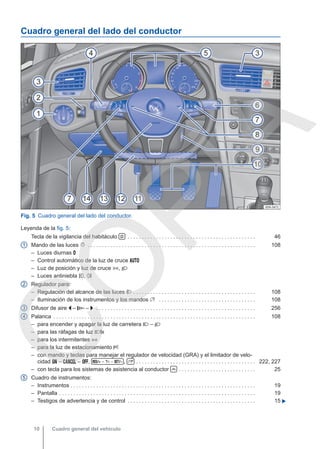 Cuadro general del lado del conductor
Fig. 5 Cuadro general del lado del conductor.
Leyenda de la fig. 5:
Tecla de la vigilancia del habitáculo  . . . . . . . . . . . . . . . . . . . . . . . . . . . . . . . . . . . . . . . . . . . . . 46
Mando de las luces  . . . . . . . . . . . . . . . . . . . . . . . . . . . . . . . . . . . . . . . . . . . . . . . . . . . . . . . . . . . 108
– Luces diurnas 
– Control automático de la luz de cruce 
– Luz de posición y luz de cruce , 
– Luces antiniebla , 
Regulador para:
– Regulación del alcance de las luces  . . . . . . . . . . . . . . . . . . . . . . . . . . . . . . . . . . . . . . . . . . . 108
– Iluminación de los instrumentos y los mandos  . . . . . . . . . . . . . . . . . . . . . . . . . . . . . . . . . . 108
Difusor de aire  –  –  . . . . . . . . . . . . . . . . . . . . . . . . . . . . . . . . . . . . . . . . . . . . . . . . . . . . . . . . 256
Palanca . . . . . . . . . . . . . . . . . . . . . . . . . . . . . . . . . . . . . . . . . . . . . . . . . . . . . . . . . . . . . . . . . . . . . . . 108
– para encender y apagar la luz de carretera  – 
– para las ráfagas de luz x
– para los intermitentes 
– para la luz de estacionamiento 
– con mando y teclas para manejar el regulador de velocidad (GRA) y el limitador de velo-
cidad  –  – ,  –  –  ,  . . . . . . . . . . . . . . . . . . . . . . . . . . . . . . . . . . . . . . . . . . 222, 227
– con tecla para los sistemas de asistencia al conductor  . . . . . . . . . . . . . . . . . . . . . . . . . . . 25
Cuadro de instrumentos:
– Instrumentos . . . . . . . . . . . . . . . . . . . . . . . . . . . . . . . . . . . . . . . . . . . . . . . . . . . . . . . . . . . . . . . . . 19
– Pantalla . . . . . . . . . . . . . . . . . . . . . . . . . . . . . . . . . . . . . . . . . . . . . . . . . . . . . . . . . . . . . . . . . . . . . 19
– Testigos de advertencia y de control . . . . . . . . . . . . . . . . . . . . . . . . . . . . . . . . . . . . . . . . . . . . . 15 
1
2
3
4
5
Cuadro general del vehículo
10
C
O
P
I
A
 