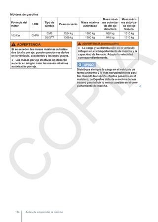Motores de gasolina
Potencia del
motor
LDM
Tipo de
cambio
Peso en vacío
Masa máxima
autorizada
Masa máxi-
ma autoriza-
da del eje
delantero
Masa máxi-
ma autoriza-
da del eje
trasero
103 kW CHPA
CM6 1354 kg 1880 kg 920 kg 1010 kg
DSG®7 1368 kg 1900 kg 940 kg 1010 kg
ADVERTENCIA
Si se exceden las masas máximas autoriza-
das total y por eje, pueden producirse daños
en el vehículo, accidentes y lesiones graves.
● Las masas por eje efectivas no deberán
superar en ningún caso las masas máximas
autorizadas por eje.
ADVERTENCIA (continuación)
● La carga y su distribución en el vehículo
influyen en el comportamiento de marcha y la
capacidad de frenado. Adapte la velocidad
correspondientemente.
AVISO
Distribuya siempre la carga en el vehículo de
forma uniforme y lo más horizontalmente posi-
ble. Cuando transporte objetos pesados en el
maletero, colóquelos delante o encima del eje
trasero para influir lo menos posible en el com-
portamiento de marcha. 
Antes de emprender la marcha
134
C
O
P
I
A
 