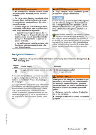 ADVERTENCIA (continuación)
● No realice nunca trabajos cerca de llamas
desprotegidas o donde se puedan producir
chispas.
● No vierta nunca líquidos operativos sobre
el motor. Estos podrían inflamarse al entrar
en contacto con piezas calientes del motor y
causar lesiones.
● Cuando tenga que realizar trabajos en el
sistema de combustible o en el sistema eléc-
trico, tenga en cuenta lo siguiente:
– Desemborne siempre la batería del ve-
hículo. Asegúrese de que el vehículo esté
desbloqueado cuando desemborne la ba-
tería, pues de lo contrario se activará la
alarma antirrobo.
– No realice nunca trabajos cerca de cale-
facciones, calentadores continuos o lla-
mas desprotegidas.
ADVERTENCIA (continuación)
● Tenga siempre a mano un extintor que es-
té operativo y haya sido revisado.
AVISO
Cuando reponga o cambie los líquidos operati-
vos del vehículo, asegúrese de que los enva-
ses contengan los líquidos correctos. ¡Si se
utilizan líquidos equivocados, podrían produ-
cirse fallos funcionales graves y daños en el
motor!
Los líquidos operativos que se salgan del ve-
hículo contaminan el medio ambiente. Por
ello, mire con regularidad debajo del vehículo. Si
en el suelo hay manchas de aceite o de otros líqui-
dos operativos, acuda a un taller especializado y
solicite que se revise el vehículo. Si se sale algún
líquido operativo, deséchelo convenientemente. 
Testigo de advertencia
Lea primero y tenga en cuenta la información preliminar y las advertencias de seguridad
de la pág. 269.
Indica-
ción
Posible causa Solución

El capó del motor no está cerrado correcta-
mente.
 ¡No continúe la marcha!
Cierre el capó del motor.

Al conectar el encendido se encienden brevemen-
te algunos testigos de advertencia y de control a
modo de comprobación. Al cabo de unos segun-
dos se apagan.
Si el capó del motor está abierto o no está cerrado
correctamente, se indica en la pantalla del cuadro
de instrumentos con una representación simbóli-
ca . Esta representación también se muestra
cuando el encendido está desconectado. La indi-
cación se apaga aprox. a los 15 segundos de ha-
ber bloqueado el vehículo con las puertas cerra-
das.
ADVERTENCIA
Si se ignoran los testigos de advertencia que
se hubieran encendido y los correspondien-
tes mensajes, el vehículo podría quedarse
parado en medio del tráfico, además de que
se podrían producir accidentes y lesiones
graves.
● No ignore nunca los testigos de adverten-
cia ni los mensajes.
● Detenga el vehículo en cuanto sea posible
y seguro. 
En el vano motor 271
151.5M1.GV7.60
C
O
P
I
A
 