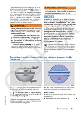 Cuando se reponga líquido refrigerante, se ha de
utilizar una mezcla de agua destilada y de, al me-
nos, un 40 % del aditivo G 13 o G 12 plus-plus
(TL-VW 774 G) (ambos de coloración lila) para ob-
tener una protección anticorrosión óptima ⇒  . La
mezcla de G 13 con los líquidos refrigerantes del
motor G 12 plus (TL-VW 774 F), G 12 (de colora-
ción roja) o G 11 (de coloración azul verdosa) em-
peora la protección anticorrosión considerable-
mente y, por ello, se deberá evitar ⇒  .
ADVERTENCIA
Si en el sistema de refrigeración del motor no
hay suficiente líquido anticongelante, podría
fallar el motor y, como consecuencia, produ-
cirse lesiones graves.
● Cerciórese de que el porcentaje del aditi-
vo del líquido refrigerante sea el correcto te-
niendo en cuenta la temperatura ambiente
más baja prevista en el lugar donde se vaya a
utilizar el vehículo.
● Cuando la temperatura exterior es extre-
madamente baja, el líquido refrigerante se
puede congelar y el vehículo quedar inmovili-
ADVERTENCIA (continuación)
zado. Como en este caso tampoco funciona-
ría la calefacción, los ocupantes insuficiente-
mente abrigados podrían morir de frío.
AVISO
Los aditivos originales no se deberán mezclar
nunca con líquidos refrigerantes que no hayan
sido autorizados por Volkswagen. De lo contra-
rio se corre el riesgo de provocar daños graves
en el motor y en su sistema de refrigeración.
● Si el líquido del depósito de expansión no
es de color rosa (resultante de la mezcla del
aditivo lila con el agua destilada), sino, por
ejemplo, marrón, se habrá mezclado el aditivo
G 13 con un líquido refrigerante no adecuado.
En tal caso habrá que cambiar el líquido refri-
gerante inmediatamente. ¡De lo contrario po-
drían producirse fallos graves de funciona-
miento o daños en el motor!
El líquido refrigerante y sus aditivos pueden
contaminar el medio ambiente. Si se sale al-
gún líquido operativo, recójalo y deséchelo debida-
mente y de manera respetuosa con el medio am-
biente. 
Comprobar el nivel del líquido refrigerante del motor y reponer líquido
refrigerante
Fig. 181 En el vano motor: marcas en el depósito
de expansión del líquido refrigerante del motor.
Fig. 182 En el vano motor: tapa del depósito de
expansión del líquido refrigerante del motor.
Lea primero y tenga en cuenta la infor-
mación preliminar y las advertencias de
seguridad de la pág. 279.
Cuando el nivel del líquido refrigerante del motor
está demasiado bajo, se enciende el testigo de ad-
vertencia del líquido refrigerante.
 Pasos previos
● Estacione el vehículo sobre una superficie hori-
zontal y firme.
● Espere a que se enfríe el motor ⇒  . 
En el vano motor 281
151.5M1.GV7.60
C
O
P
I
A
 