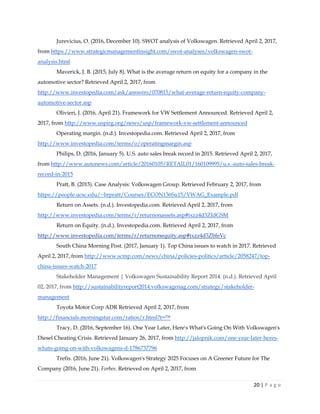 20 | P a g e
Jurevicius, O. (2016, December 10). SWOT analysis of Volkswagen. Retrieved April 2, 2017,
from https://www.strategicmanagementinsight.com/swot-analyses/volkswagen-swot-
analysis.html
Maverick, J. B. (2015, July 8). What is the average return on equity for a company in the
automotive sector? Retrieved April 2, 2017, from
http://www.investopedia.com/ask/answers/070815/what-average-return-equity-company-
automotive-sector.asp
Olivieri, J. (2016, April 21). Framework for VW Settlement Announced. Retrieved April 2,
2017, from http://www.uspirg.org/news/usp/framework-vw-settlement-announced
Operating margin. (n.d.). Investopedia.com. Retrieved April 2, 2017, from
http://www.investopedia.com/terms/o/operatingmargin.asp
Philips, D. (2016, January 5). U.S. auto sales break record in 2015. Retrieved April 2, 2017,
from http://www.autonews.com/article/20160105/RETAIL01/160109995/u.s.-auto-sales-break-
record-in-2015
Pratt, B. (2015). Case Analysis: Volkswagen Group. Retrieved February 2, 2017, from
https://people.ucsc.edu/~brpratt/Courses/ECON136Su15/VWAG_Example.pdf
Return on Assets. (n.d.). Investopedia.com. Retrieved April 2, 2017, from
http://www.investopedia.com/terms/r/returnonassets.asp#ixzz4d3ZIdGSM
Return on Equity. (n.d.). Investopedia.com. Retrieved April 2, 2017, from
http://www.investopedia.com/terms/r/returnonequity.asp#ixzz4d3ZbfeVc
South China Morning Post. (2017, January 1). Top China issues to watch in 2017. Retrieved
April 2, 2017, from http://www.scmp.com/news/china/policies-politics/article/2058247/top-
china-issues-watch-2017
Stakeholder Management | Volkswagen Sustainability Report 2014. (n.d.). Retrieved April
02, 2017, from http://sustainabilityreport2014.volkswagenag.com/strategy/stakeholder-
management
Toyota Motor Corp ADR Retrieved April 2, 2017, from
http://financials.morningstar.com/ratios/r.html?t=™
Tracy, D. (2016, September 16). One Year Later, Here's What's Going On With Volkswagen's
Diesel Cheating Crisis. Retrieved January 26, 2017, from http://jalopnik.com/one-year-later-heres-
whats-going-on-with-volkswagens-d-1786737796
Trefis. (2016, June 21). Volkswagen's Strategy 2025 Focuses on A Greener Future for The
Company (2016, June 21). Forbes. Retrieved on April 2, 2017, from
 