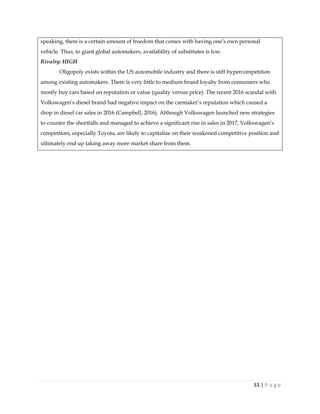 33 | P a g e
speaking, there is a certain amount of freedom that comes with having one’s own personal
vehicle. Thus, to giant global automakers, availability of substitutes is low.
Rivalry: HIGH
Oligopoly exists within the US automobile industry and there is stiff hypercompetition
among existing automakers. There is very little to medium brand loyalty from consumers who
mostly buy cars based on reputation or value (quality versus price). The recent 2016 scandal with
Volkswagen’s diesel brand had negative impact on the carmaker’s reputation which caused a
drop in diesel car sales in 2016 (Campbell, 2016). Although Volkswagen launched new strategies
to counter the shortfalls and managed to achieve a significant rise in sales in 2017, Volkswagen’s
competitors, especially Toyota, are likely to capitalize on their weakened competitive position and
ultimately end up taking away more market share from them.
 