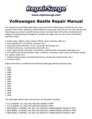 Volkswagen beetle repair manual 1998 2010 | PDF