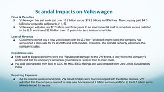 Scandal Impacts on Volkswagen
Fines & Penalties
❏ Volkswagen has set aside just over 18.2 billion euros ($19.2 billion) in EPA fines. The company paid $4.3
billion for corporate settlements in U.S.
❏ Volkswagen will also pay $2.7 billion over three years to an environmental trust to remediate excess pollution
in the U.S. and invest $2.0 billion over 10 years into zero emissions vehicles
Loss of Revenue
❏ Customers cannot buy a new Volkswagen with the 2.0-liter TDI diesel engine since the company has
announced a stop-sale for it's all 2015 and 2016 models. Therefore, the scandal certainly will reduce the
company’s sales.
Reputation Loss
❏ Fitch said its biggest concerns were the "reputational damage" to the VW brand, a likely hit to the company's
profits and that the company's corporate governance is weaker than its main rivals
❏ VW was downgraded from BBB to CCC for MSCI ESG Ratings and was dropped from Dow Jones Sustainability
Index
Repairing Expenses
❏ As the scandal widened and more VW diesel models were found equipped with the defeat devices, VW
admitted that the company needed to raise new funds-around 2 billion euros-in addition to the 6.7 billion euros
already issued for repairs.
 