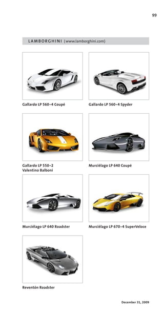 99




   L A M B O R G H I N I ( www.lamborghini.com)




Gallardo LP 560-4 Coupé              Gallardo LP 560-4 Spyder




Gallardo LP 550-2                    Murciélago LP 640 Coupé
Valentino Balboni




Murciélago LP 640 Roadster           Murciélago LP 670-4 SuperVeloce




Reventón Roadster


                                                       December 31, 2009
 