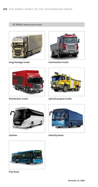 100 TH E MO DE L RA NGE OF TH E VOL KSWAG EN G ROU P




       S C A N I A 	(www.scania.com)




    Long-haulage trucks                Construction trucks




    Distribution trucks                Special-purpose trucks




    Coaches                            Intercity buses




    City buses


                                                         December 31, 2009
 