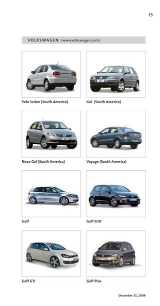75




   V O L K S W A G E N ( www.volkswagen.com)




Polo Sedan (South America)          Gol (South America)




Novo Gol (South America)            Voyage (South America)




Golf                                Golf GTD




Golf GTI                            Golf Plus


                                                     December 31, 2009
 