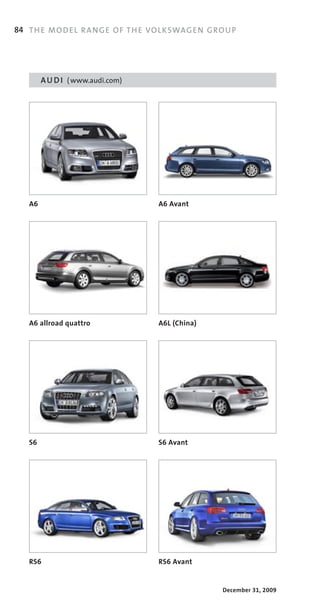 84 TH E MO DE L RA NGE OF TH E VOL KSWAG EN G ROU P




        A U D I ( www.audi.com)




   A6                             A6 Avant




   A6 allroad quattro             A6L (China)




   S6                             S6 Avant




   RS6                            RS6 Avant


                                                December 31, 2009
 