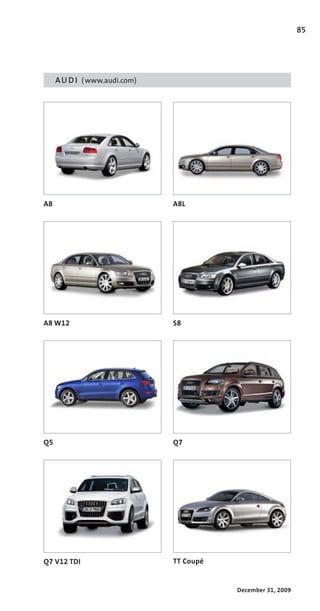 85




     A U D I ( www.audi.com)




A8                             A8L




A8 W12                         S8




Q5                             Q7




Q7 V12 TDI                     TT Coupé


                                          December 31, 2009
 