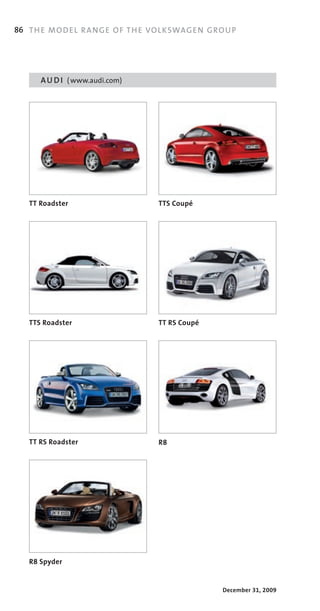 86 TH E MO DE L RA NGE OF TH E VOL KSWAG EN G ROU P




      A U D I ( www.audi.com)




   TT Roadster                   TTS Coupé




   TTS Roadster                  TT RS Coupé




   TT RS Roadster                R8




   R8 Spyder


                                               December 31, 2009
 