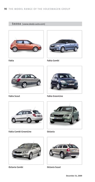 90 TH E MO DE L RA NGE OF TH E VOL KSWAG EN G ROU P




      ã K O D A ( www.skoda­auto.com)




   Fabia                                Fabia Combi




   Fabia Scout                          Fabia GreenLine




   Fabia Combi GreenLine                Octavia




   Octavia Combi                        Octavia Scout


                                                          December 31, 2009
 
