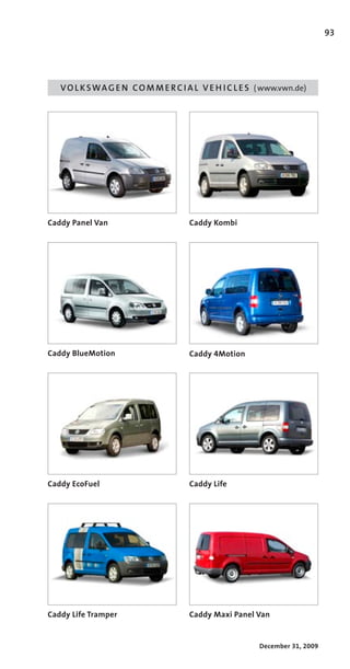 93




   V O L K S W A G E N C O M M E R C I A L V E H I C L E S ( www.vwn.de)




Caddy Panel Van                        Caddy Kombi




Caddy BlueMotion                       Caddy 4Motion




Caddy EcoFuel                          Caddy Life




Caddy Life Tramper                     Caddy Maxi Panel Van


                                                          December 31, 2009
 