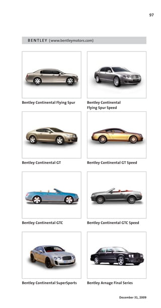 97




   B E N T L E Y 	 ( www.bentleymotors.com)




Bentley Continental Flying Spur        Bentley Continental
                                       Flying Spur Speed




Bentley Continental GT                 Bentley Continental GT Speed




Bentley Continental GTC                Bentley Continental GTC Speed




Bentley Continental SuperSports        Bentley Arnage Final Series


                                                          December 31, 2009
 
