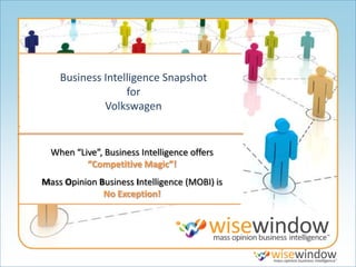 Business Intelligence Snapshot
                  for
             Volkswagen


  When “Live”, Business Intelligence offers
          “Competitive Magic”!
Mass Opinion Business Intelligence (MOBI) is
              No Exception!
 