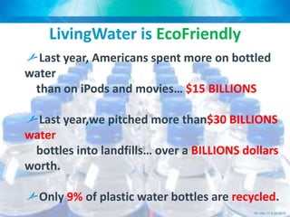 Purified Water   vs.   Alkaline Water                  Has MAJOR potential energy  Electrons to donateMajor anti-oxidantDead water                                Living waterNo potential energy – Steals energyHas no electrons to donateNo anti-oxidant benefit