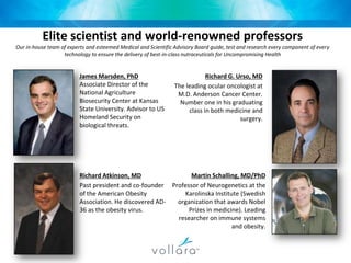 Elite scientist and world-renowned professorsOur in-house team of experts and esteemed Medical and Scientific Advisory Board guide, test and research every component of every technology to ensure the delivery of best-in-class nutraceuticals for Uncompromising HealthRichard G. Urso, MDThe leading ocular oncologist at M.D. Anderson Cancer Center. Number one in his graduating class in both medicine and surgery.James Marsden, PhD Associate Director of the National Agriculture Biosecurity Center at Kansas State University. Advisor to US Homeland Security on biological threats.Richard Atkinson, MDPast president and co-founder of the American Obesity Association. He discovered AD-36 as the obesity virus.Martin Schalling, MD/PhDProfessor of Neurogenetics at the Karolinska Institute (Swedish organization that awards Nobel Prizes in medicine). Leading researcher on immune systems and obesity.