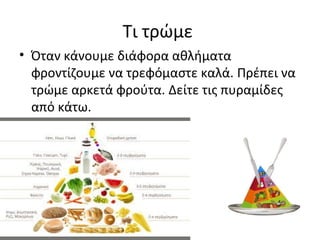 Τι τρώμε
• Όταν κάνουμε διάφορα αθλήματα
φροντίζουμε να τρεφόμαστε καλά. Πρέπει να
τρώμε αρκετά φρούτα. Δείτε τις πυραμίδες
από κάτω.

 