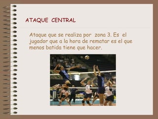 ATAQUE CENTRAL
Ataque que se realiza por zona 3. Es el
jugador que a la hora de rematar es el que
menos batida tiene que hacer.
 