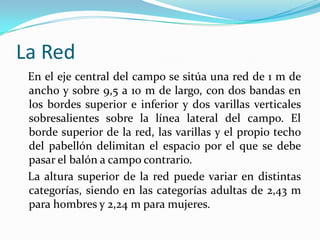 La Red   En el eje central del campo se sitúa una red de 1 m de ancho y sobre 9,5 a 10 m de largo, con dos bandas en los bordes superior e inferior y dos varillas verticales sobresalientes sobre la línea lateral del campo. El borde superior de la red, las varillas y el propio techo del pabellón delimitan el espacio por el que se debe pasar el balón a campo contrario.   La altura superior de la red puede variar en distintas categorías, siendo en las categorías adultas de 2,43 m para hombres y 2,24 m para mujeres.