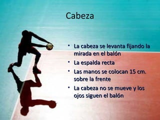 Cabeza

• La cabeza se levanta fijando la
  mirada en el balón
• La espalda recta
• Las manos se colocan 15 cm.
  sobre la frente
• La cabeza no se mueve y los
  ojos siguen el balón
 