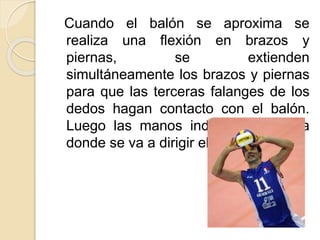 Cuando el balón se aproxima se
realiza una flexión en brazos y
piernas, se extienden
simultáneamente los brazos y piernas
para que las terceras falanges de los
dedos hagan contacto con el balón.
Luego las manos indican el lugar a
donde se va a dirigir el balón.
 