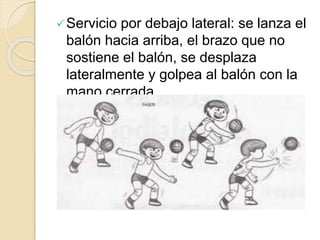 Servicio por debajo lateral: se lanza el
balón hacia arriba, el brazo que no
sostiene el balón, se desplaza
lateralmente y golpea al balón con la
mano cerrada.
 