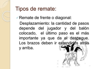 Tipos de remate:
Remate de frente o diagonal:
Desplazamiento: la cantidad de pasos
depende del jugador y del balón
colocado, el último paso es el más
importante ya que da el despegue.
Los brazos deben ir extendidos atrás
y arriba.
 