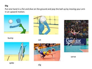Dig
Put one hand in a fist and dive on the ground and pop the ball up by moving your arm
in an upward motion.
bump
set
serve
spike
dig
 