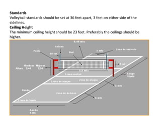 Standards
Volleyball standards should be set at 36 feet apart, 3 feet on either side of the
sidelines.
Ceiling Height
The minimum ceiling height should be 23 feet. Preferably the ceilings should be
higher.
 