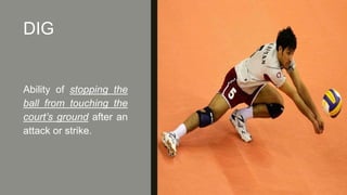 DIG
Ability of stopping the
ball from touching the
court’s ground after an
attack or strike.
 