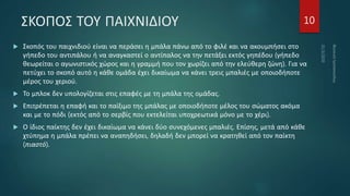 ΣΚΟΠΟΣ ΤΟΥ ΠΑΙΧΝΙΔΙΟΥ
 Σκοπός του παιχνιδιού είναι να περάσει η μπάλα πάνω από το φιλέ και να ακουμπήσει στο
γήπεδο του αντιπάλου ή να αναγκαστεί ο αντίπαλος να την πετάξει εκτός γηπέδου (γήπεδο
θεωρείται ο αγωνιστικός χώρος και η γραμμή που τον χωρίζει από την ελεύθερη ζώνη). Για να
πετύχει το σκοπό αυτό η κάθε ομάδα έχει δικαίωμα να κάνει τρεις μπαλιές με οποιοδήποτε
μέρος του χεριού.
 Το μπλοκ δεν υπολογίζεται στις επαφές με τη μπάλα της ομάδας.
 Επιτρέπεται η επαφή και το παίξιμο της μπάλας με οποιοδήποτε μέλος του σώματος ακόμα
και με το πόδι (εκτός από το σερβίς που εκτελείται υποχρεωτικά μόνο με το χέρι).
 Ο ίδιος παίκτης δεν έχει δικαίωμα να κάνει δύο συνεχόμενες μπαλιές. Επίσης, μετά από κάθε
χτύπημα η μπάλα πρέπει να αναπηδήσει, δηλαδή δεν μπορεί να κρατηθεί από τον παίκτη
(πιαστό).
10
 