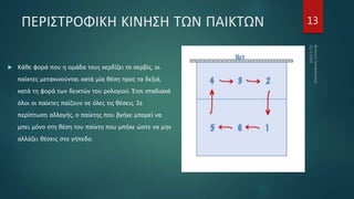 ΠΕΡΙΣΤΡΟΦΙΚΗ ΚΙΝΗΣΗ ΤΩΝ ΠΑΙΚΤΩΝ
 Κάθε φορά που η ομάδα τους κερδίζει το σερβίς, οι
παίκτες μετακινούνται κατά μία θέση προς τα δεξιά,
κατά τη φορά των δεικτών του ρολογιού. Έτσι σταδιακά
όλοι οι παίκτες παίζουν σε όλες τις θέσεις. Σε
περίπτωση αλλαγής, ο παίκτης που βγήκε μπορεί να
μπει μόνο στη θέση του παίκτη που μπήκε ώστε να μην
αλλάζει θέσεις στο γήπεδο.
13
 