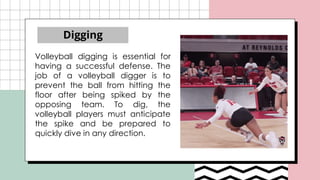 Volleyball digging is essential for
having a successful defense. The
job of a volleyball digger is to
prevent the ball from hitting the
floor after being spiked by the
opposing team. To dig, the
volleyball players must anticipate
the spike and be prepared to
quickly dive in any direction.
Digging
 