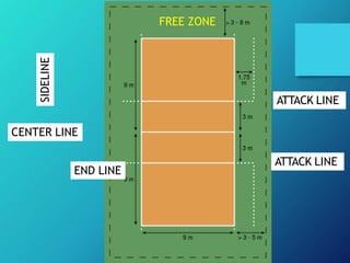 FREE ZONE
ATTACK LINE
ATTACK LINE
CENTER LINE
SIDELINE
END LINE
 